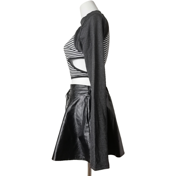 sz:m, black and white striped long-sleeve crop top and black faux leather skirt - Picture 4 of 8